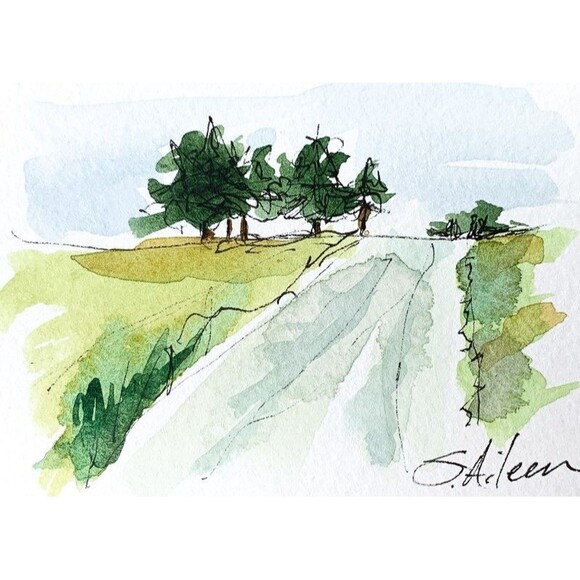 ACEO Landscape Painting Watercolor Ink Country Path Road Sky Field III Signed - Picture 1 of 2